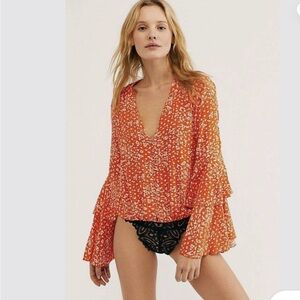 NWOT FP Intimately Bodysuit Top Ditsy Floral Bell Sleeve Button-Up Orange Size M